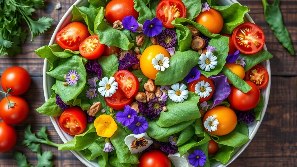 Overhead shot of vibrant farm-fresh salad with heirloom tomatoes, local greens, and edible flowers in natural daylight, emphasizing color variety and freshness of ingredients, rustic wooden table setting