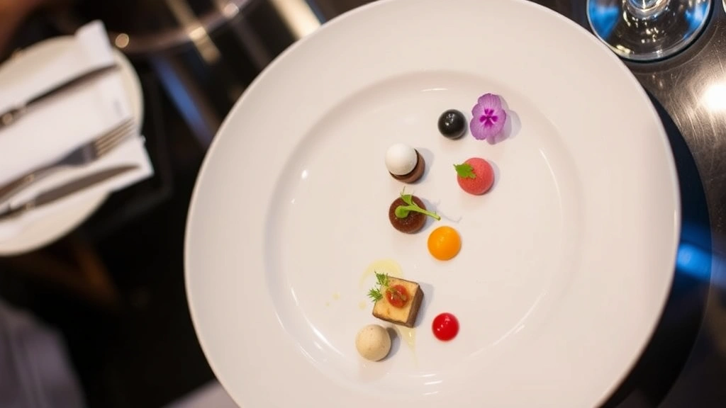 Elegant fine dining tasting menu course featuring micro-plated elements, delicate garnishes, and sophisticated color composition on minimalist white plate, professional restaurant lighting, multiple small portions arranged artfully