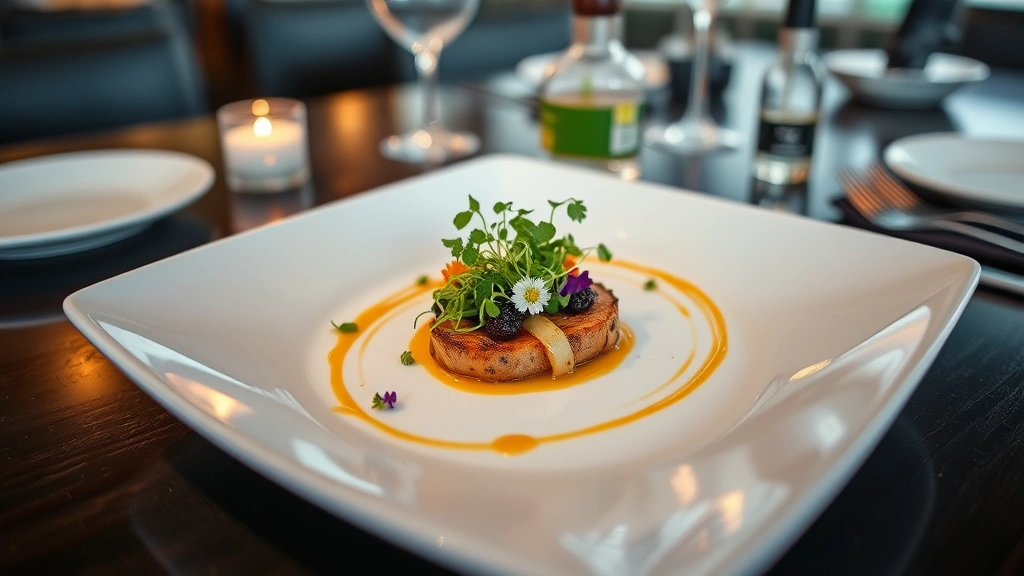 Elegantly plated fine dining appetizer with microgreens, edible flowers, and artistic sauce swirl on white ceramic plate, professional restaurant lighting, shallow depth of field, restaurant table setting background blurred