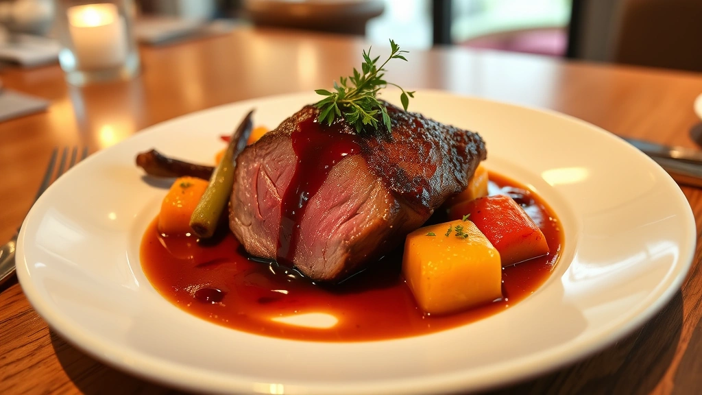Perfectly seared duck breast with burgundy sauce, roasted root vegetables, and herb garnish on modern white plate, warm restaurant ambiance, fine dining presentation, gourmet composition