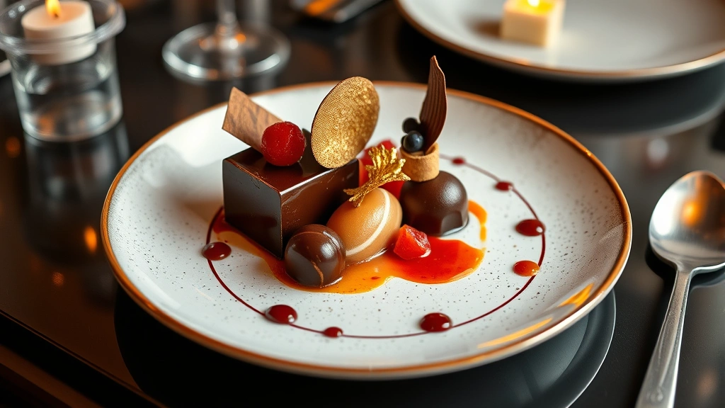 Sophisticated dessert plate featuring chocolate components, fruit elements, gold leaf garnish, and artistic sauce work on contemporary dinnerware, soft restaurant lighting, upscale plating artistry, fine dining finale