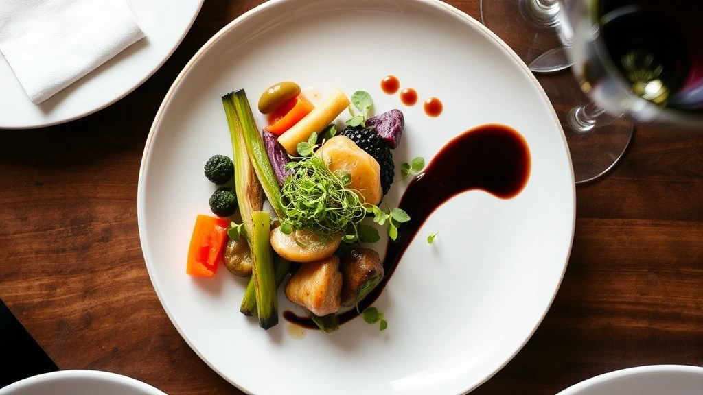 Overhead view of elegantly plated fine dining dish with seasonal vegetables, microgreens, and artistic sauce swoosh on white ceramic plate, restaurant table setting with wine glass visible