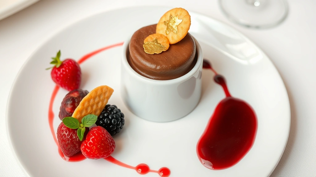 Artfully arranged dessert plate featuring chocolate mousse, fresh berries, gold leaf garnish, crispy tuile cookie, and berry coulis on white porcelain, fine dining presentation