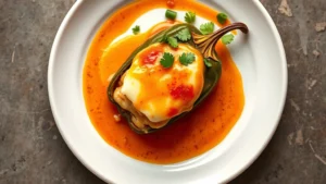 Overhead shot of a perfectly plated chile relleno with golden-brown poblano pepper, melted white cheese filling, and vibrant ranchero sauce pooled artfully around the plate, garnished with fresh cilantro on white ceramic dishware