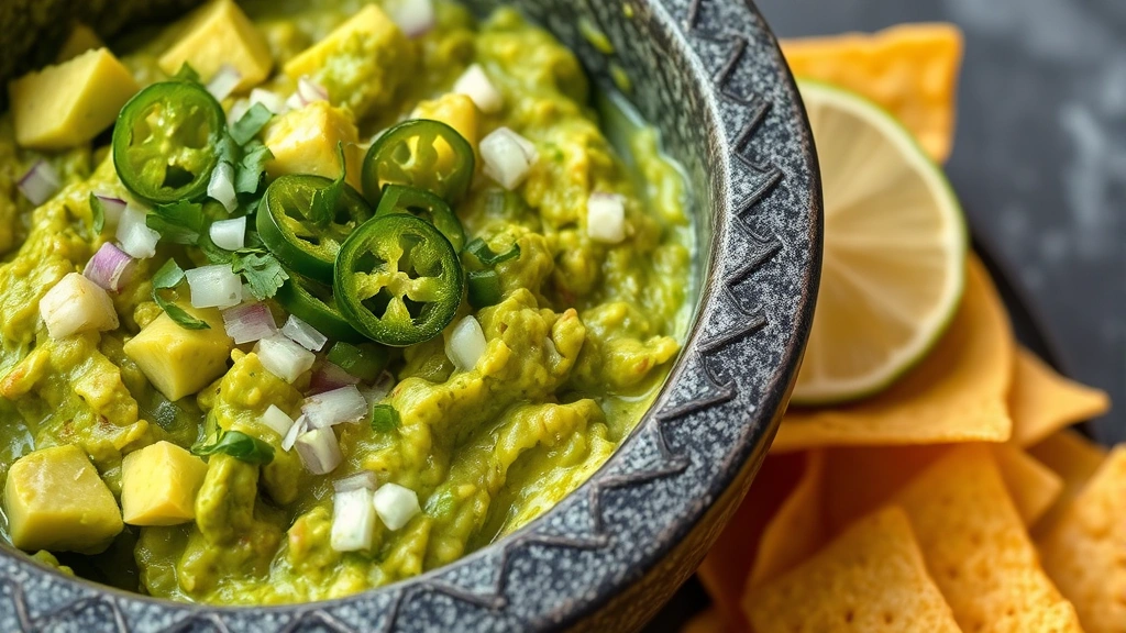Close-up of freshly made tableside guacamole in a molcajete with visible avocado chunks, bright green cilantro, diced white onion, jalapeño slices, and lime wedges, with warm golden tortilla chips arranged beside the mortar
