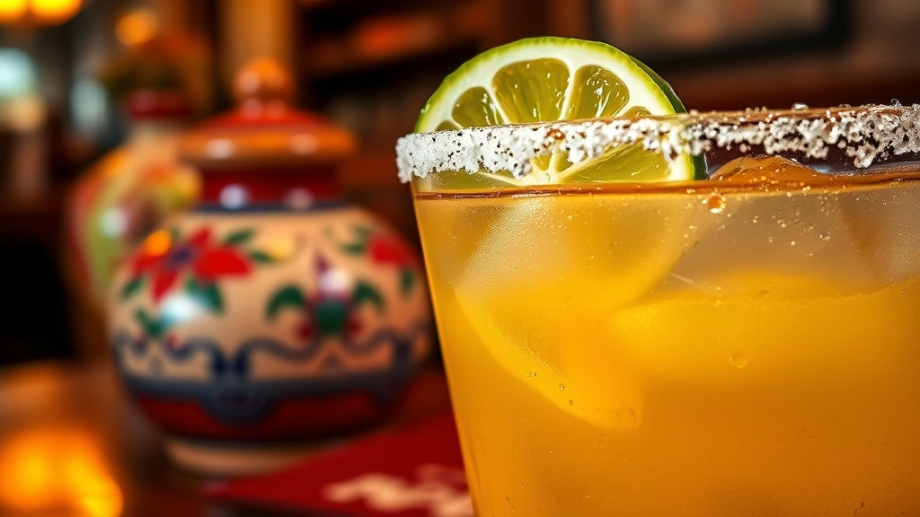 Vibrant margarita in a salt-rimmed glass with fresh lime wheel garnish, golden tequila visible through the glass, condensation droplets on the exterior, photographed against warm restaurant lighting with blurred Mexican pottery in background