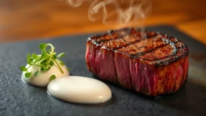 Perfectly seared wagyu beef steak with caramelized crust, smoke wisps rising, next to a quenelle of white horseradish foam and microgreens on dark slate plate, professional fine dining presentation, shallow depth of field, warm lighting highlighting char marks