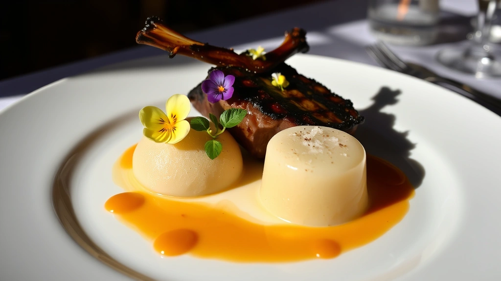 Artistic plating of charred duck breast with crispy skin alongside a frozen passion fruit foam dissolving slightly, garnished with edible flowers and gold leaf, white porcelain plate, dramatic shadows, fine dining restaurant setting