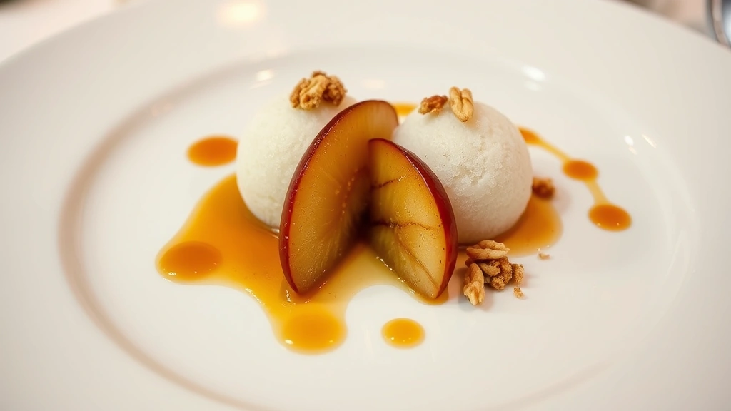 Elegant dessert composition featuring caramelized apple segments, apple sorbet granita with rough crystalline texture, and toasted nut crumble, arranged on minimalist white plate with artistic sauce drizzle, fine dining presentation, warm mood lighting