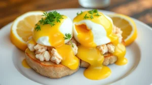 Perfectly poached eggs with runny golden yolk cascading hollandaise sauce over toasted English muffin with fresh lump crab meat, garnished with microgreens and lemon wedge on white ceramic plate, soft morning light