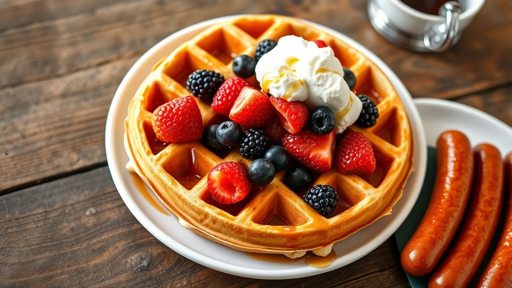 Fluffy Belgian waffle with crispy exterior, topped with fresh mixed berries, dollop of whipped cream, drizzle of pure maple syrup, side of turkey sausage links, photographed from above on rustic wooden table