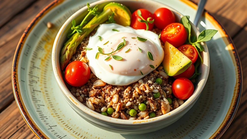 Colorful breakfast bowl with quinoa base, roasted asparagus, cherry tomatoes, creamy avocado slices, poached egg, microgreens, sesame seeds, fresh herbs, warm natural lighting on ceramic plate