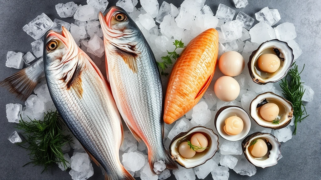 Overhead flat lay of fresh whole fish, scallops, and oysters on crushed ice with seaweed garnish, dramatic lighting highlighting moisture and texture, professional culinary photography