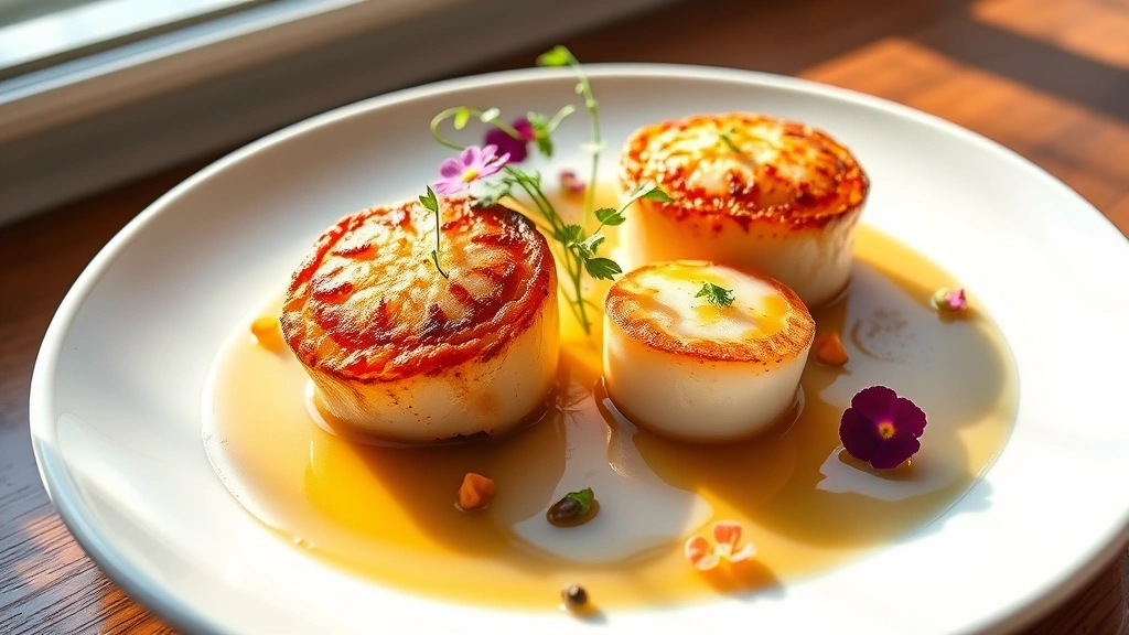 Pan-seared diver scallops with golden brown crust, brown butter emulsion pooling around them, microgreens and edible flowers as garnish, elegant plating on white ceramic plate with natural window light