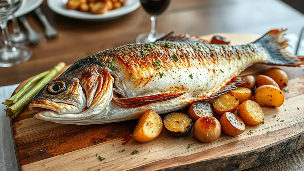 Whole roasted branzino with crispy skin, charred fennel and roasted potatoes alongside, fresh herbs scattered over, steam rising, rustic wooden serving board, coastal dining ambiance