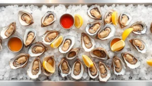 Overhead view of a pristine raw seafood bar featuring multiple varieties of freshly shucked oysters on crushed ice with lemon wedges and mignonette sauce, showcasing pearlescent shells and glistening meat, professional restaurant setting with stainless steel counter