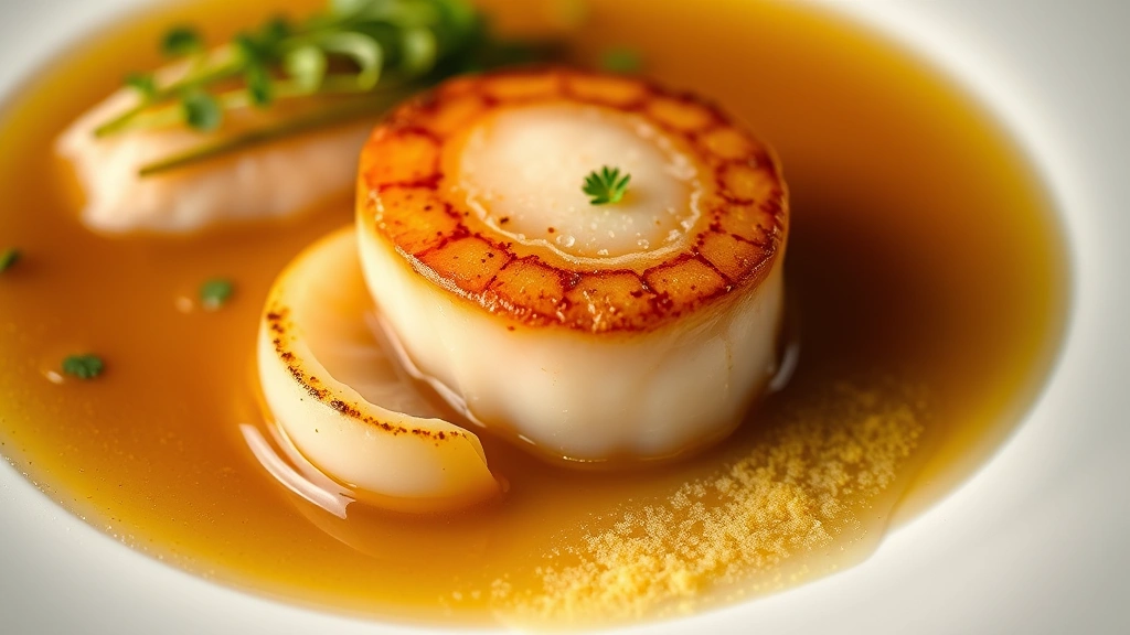 Close-up of a perfectly seared scallop with golden caramelized crust sitting in glossy brown butter with microgreens and citrus foam, plated on white ceramic with negative space, warm professional lighting highlighting the tender translucent interior