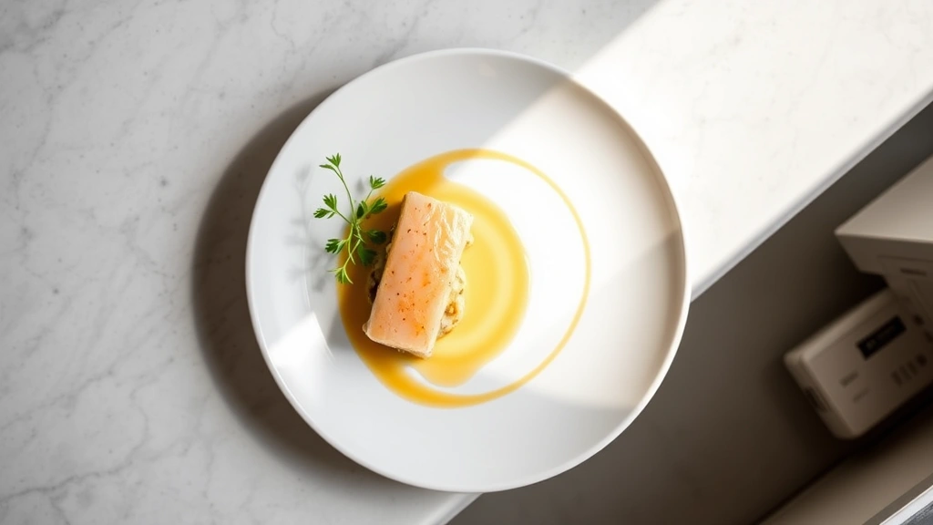 Overhead view of elegantly plated fine dining appetizer with fresh herb garnish, delicate protein, and artistic sauce swoosh on white porcelain, soft natural lighting, restaurant kitchen setting
