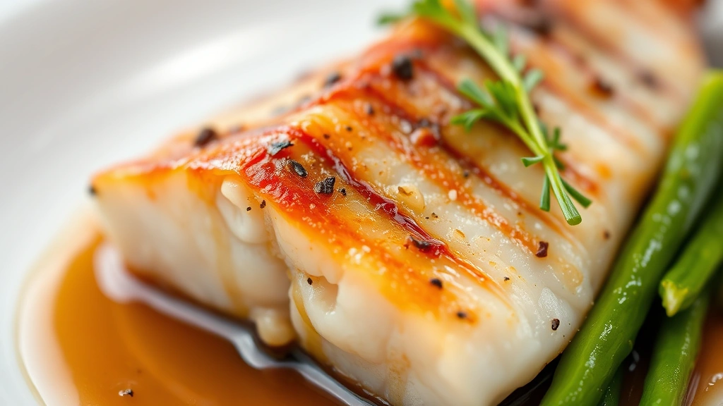 Close-up of perfectly cooked seafood with caramelized golden exterior, vibrant green vegetable accompaniment, glossy reduction sauce, shallow depth of field, professional plating
