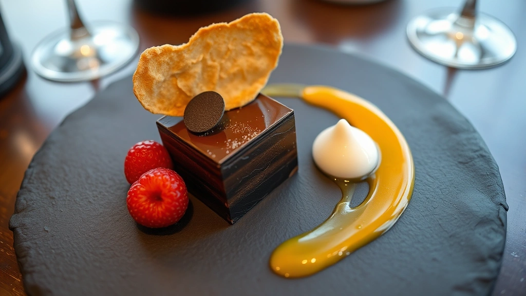 Artistic plated dessert featuring chocolate element, fresh fruit, crispy tuile, quenelle of cream, on slate or dark plate with complementary sauce artistry, restaurant dining ambiance