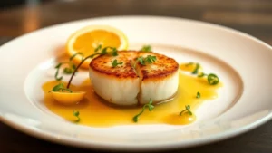 Overhead shot of an elegantly plated seafood dish featuring seared scallop with brown butter foam, microgreens, and delicate citrus segments on white porcelain, professional fine dining presentation, warm kitchen lighting