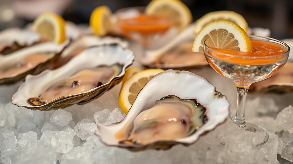 Close-up of fresh oysters on crushed ice with lemon wedges and mignonette sauce in elegant small glasses, raw bar presentation, shallow depth of field focusing on oyster meat, natural seafood colors