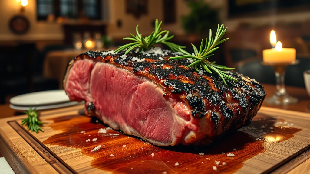 Bistecca alla fiorentina sizzling on a wooden cutting board, charred exterior with pink interior, garnished with fresh rosemary and sea salt, warm candlelight reflecting off the meat surface, rustic Tuscan trattoria setting in background