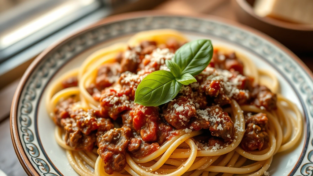 Overhead shot of handmade pasta with rich wild boar ragù sauce, fresh basil leaf garnish, grated Parmigiano-Reggiano, shallow depth of field, warm natural light from Florentine window, traditional ceramic plate