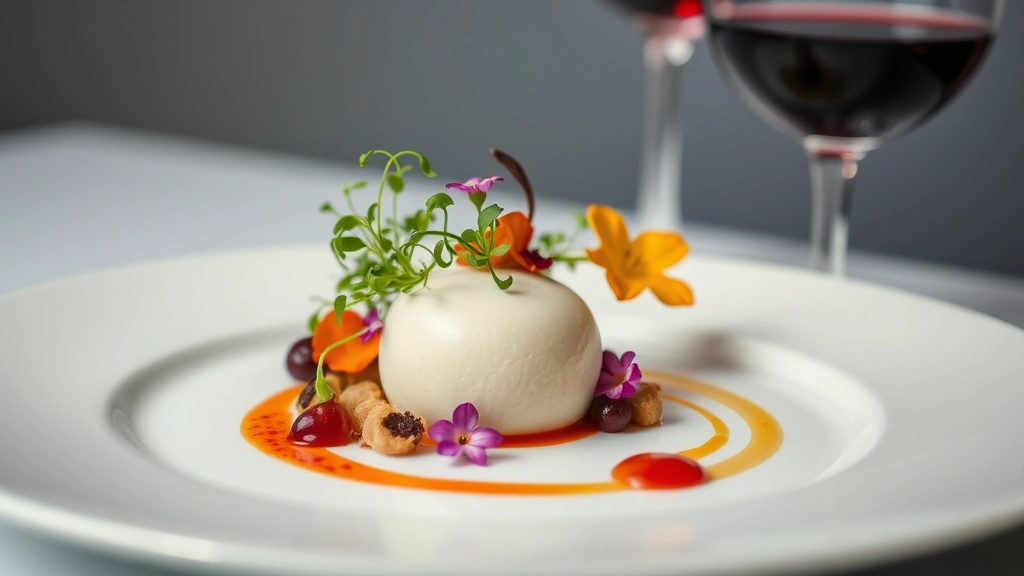 Elegant fine dining plated dessert with microgreens, edible flowers, artistic sauce swoosh, crystal wine glass with Tuscan red wine in soft focus background, minimalist white plate, professional culinary lighting