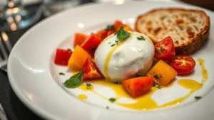 Professional plated appetizer featuring burrata cheese with heirloom tomato variations, basil oil drizzle, and crispy bread on white ceramic plate with subtle garnish, restaurant lighting, close-up detail of creamy cheese center