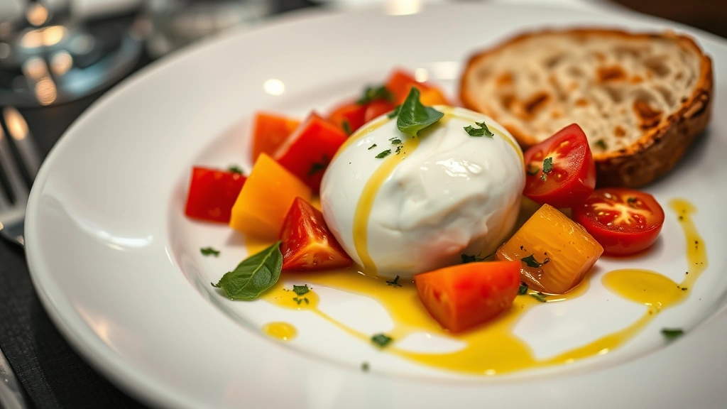 Professional plated appetizer featuring burrata cheese with heirloom tomato variations, basil oil drizzle, and crispy bread on white ceramic plate with subtle garnish, restaurant lighting, close-up detail of creamy cheese center