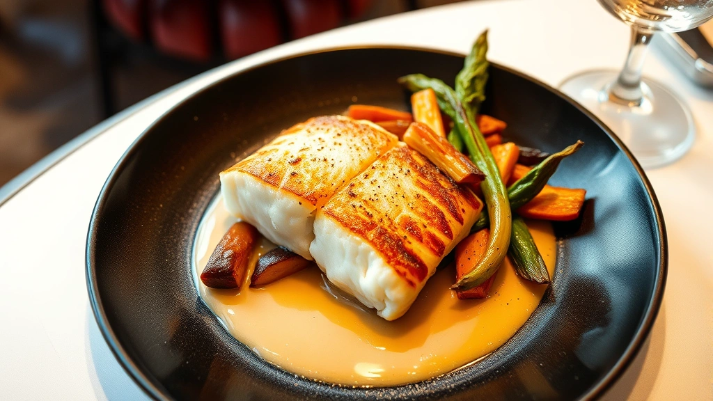 Overhead shot of elegant main course plate: perfectly seared fish fillet with golden skin, seasonal roasted vegetables with caramelized edges, silky sauce artfully plated, fine dining presentation on dark ceramic, restaurant ambiance blurred background