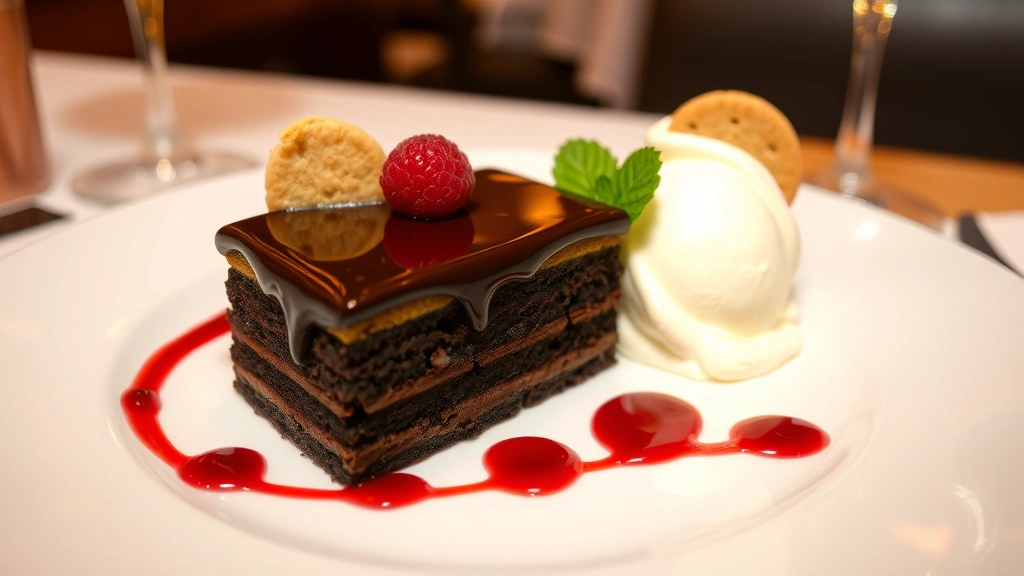 Artistic dessert plating featuring chocolate torte with glossy ganache finish, raspberry coulis decorative swipe, vanilla bean ice cream quenelle, crispy cookie accompaniment, elegant table setting with wine glass visible, warm restaurant lighting