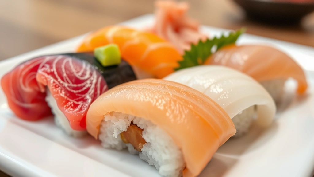 Close-up of fresh sushi nigiri arranged on white rectangular plate, showing maguro tuna, salmon, and white fish with pristine appearance, wasabi dab, pickled ginger, shallow depth of field highlighting fish quality