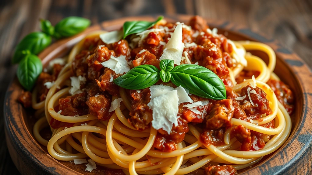 Close-up of handmade fresh pasta with rich meat ragù sauce, garnished with fresh basil and parmesan shavings, steam rising from the dish on rustic wooden surface