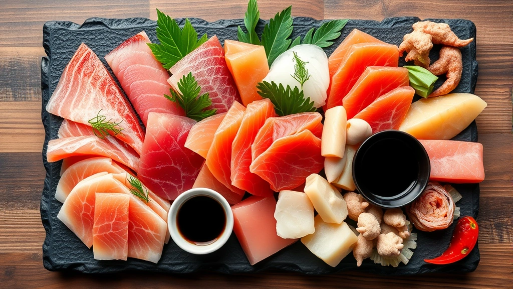Vibrant overhead composition of fresh seafood sashimi platter with multiple fish varieties, wasabi, pickled ginger, and soy sauce in traditional Japanese presentation on slate