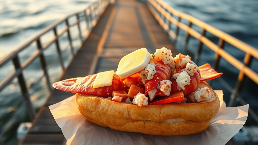 Fresh lobster roll on toasted bun with melted butter, Maine coastal pier background, overhead shot, golden hour lighting, sea spray visible