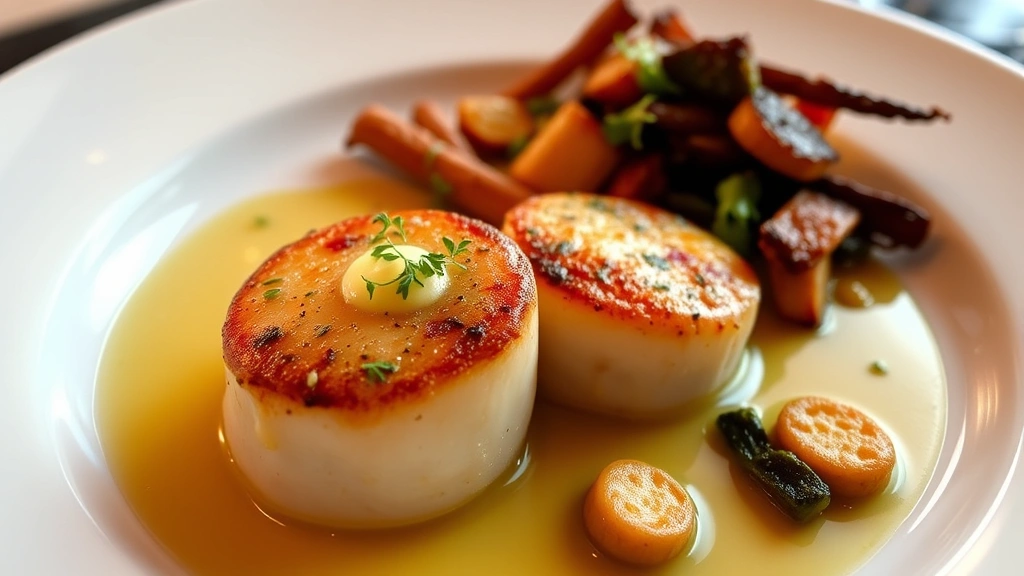 Pan-seared scallops with herb butter and roasted vegetables on white plate, fine dining presentation, warm restaurant lighting, garnished with microgreens