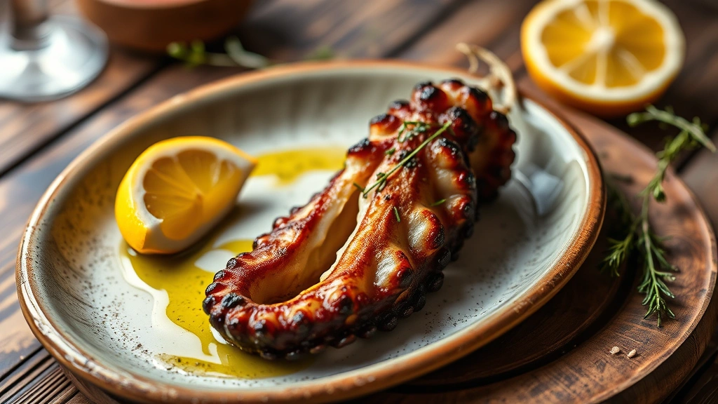 Charred octopus tentacle with olive oil drizzle and citrus wedge on rustic ceramic plate, Mediterranean style plating, warm ambient lighting, fresh herbs