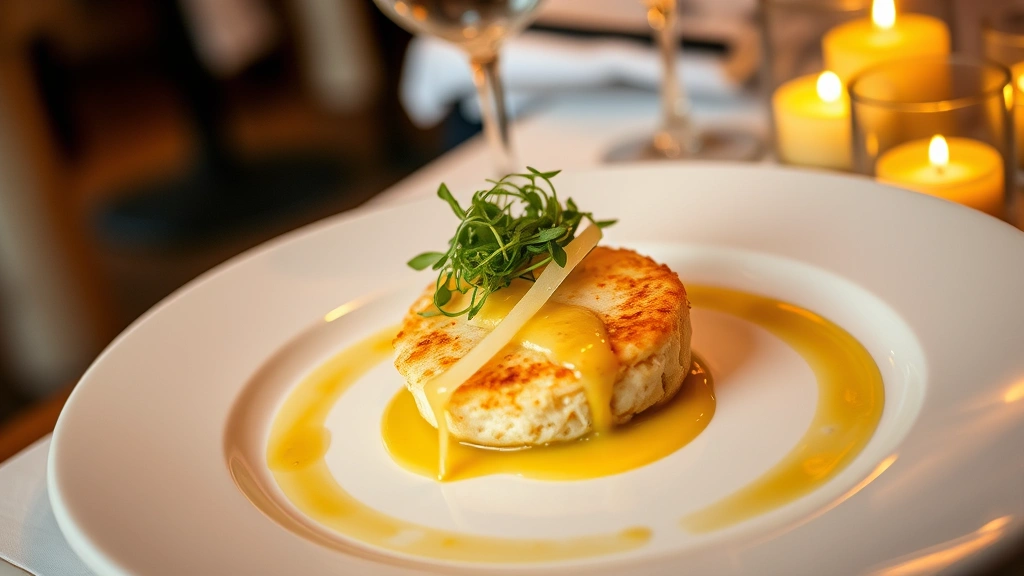 Overhead shot of perfectly plated Creole crab cake with microgreens and citrus beurre blanc sauce on white plate, elegant restaurant setting, golden candlelight reflection, photorealistic food photography