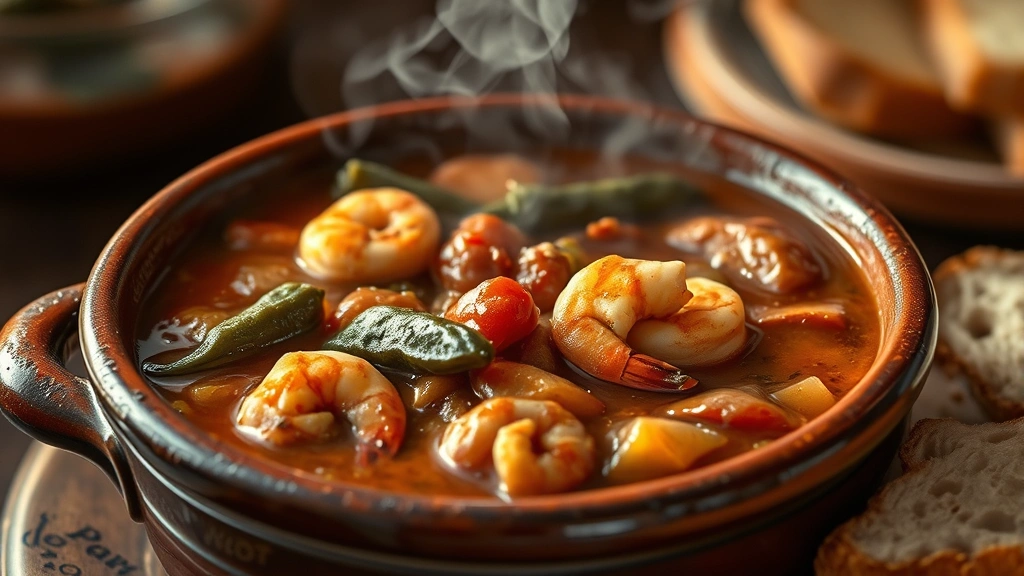 Close-up of steaming bowl of dark roux-based gumbo with okra, andouille sausage, and shrimp, traditional ceramic bowl, crusty bread on side, aromatic steam rising, authentic Louisiana kitchen aesthetic, rich brown tones