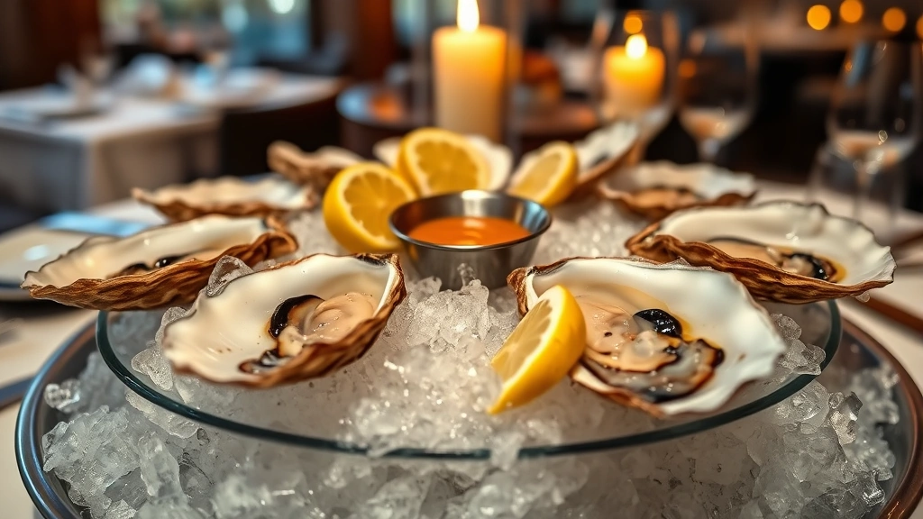 Artistic arrangement of fresh Gulf oysters on crushed ice with lemon wedges and mignonette sauce in elegant presentation, pearl shells glistening, upscale restaurant table setting with candlelight, sophisticated culinary composition