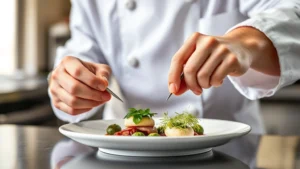 Professional chef in white chef's coat plating an elegant dish with precision tweezers and vibrant microgreens, soft kitchen lighting highlighting the intricate presentation