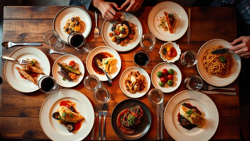 Overhead shot of a rustic wooden table laden with multiple small plates, wine glasses, and shared dishes in warm ambient light, showcasing a tasting menu experience