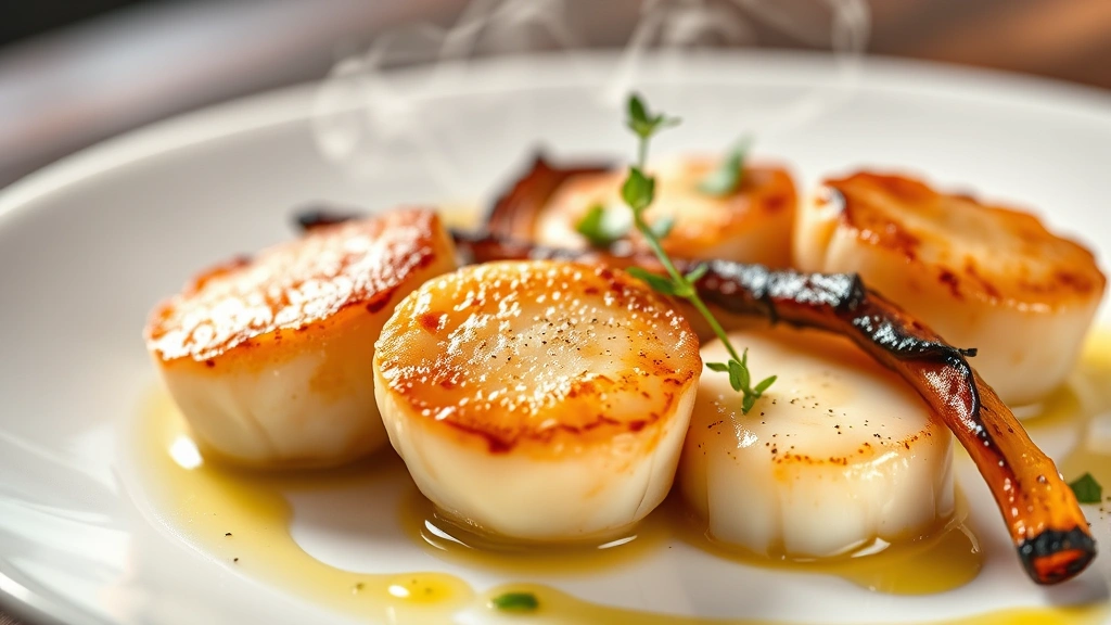 Close-up of seared scallops with saffron foam, charred vegetables, and herb oil drizzle on a white plate, steam rising, professional food photography style