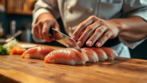 A skilled Japanese chef preparing fresh nigiri sushi at a wooden counter, precise knife work capturing glistening raw fish, hands demonstrating masterful technique, soft warm lighting, close-up perspective showing texture and detail of ingredients