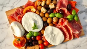 Overhead flat lay of Italian antipasto board with burrata, prosciutto, roasted vegetables, olives, and fresh basil on marble surface with warm golden lighting