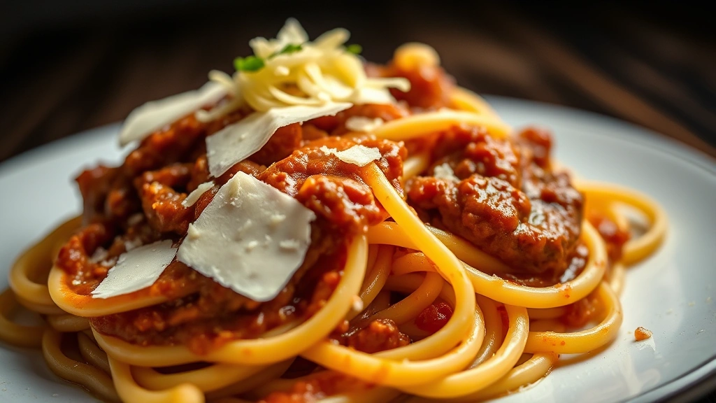 Close-up macro shot of perfectly cooked tagliatelle al ragù bolognese with shaved Parmigiano-Reggiano, sauce clinging to ribbons, shallow depth of field, soft studio lighting