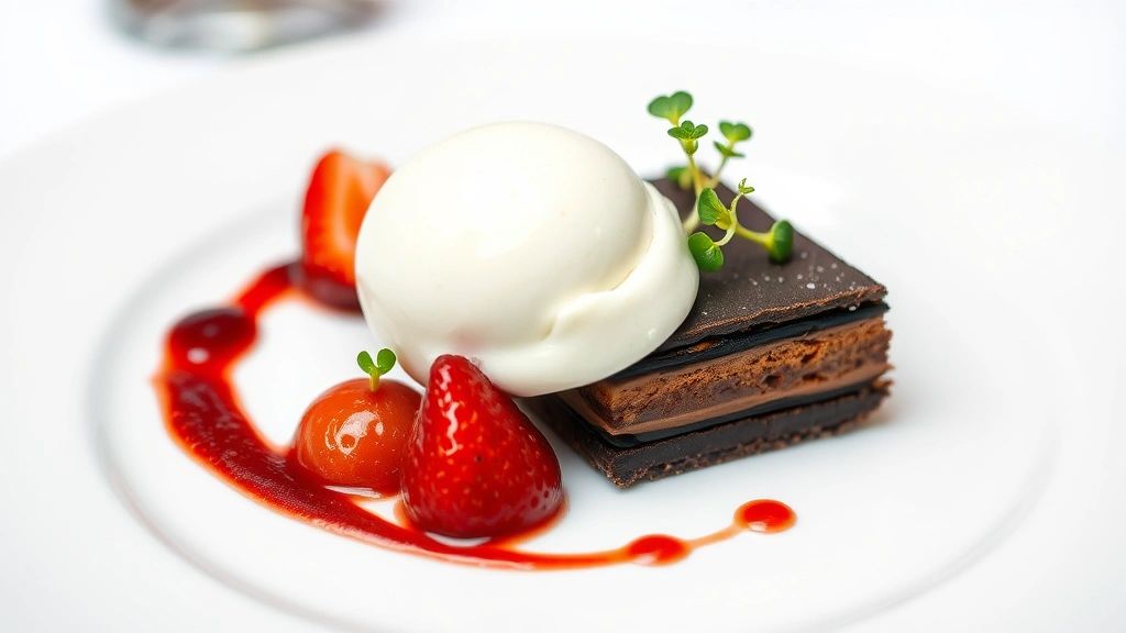 Plated dessert featuring dark chocolate torte with crispy exterior, silken interior, quenelle of vanilla gelato, strawberry compote, microgreens, fine dining presentation on white plate