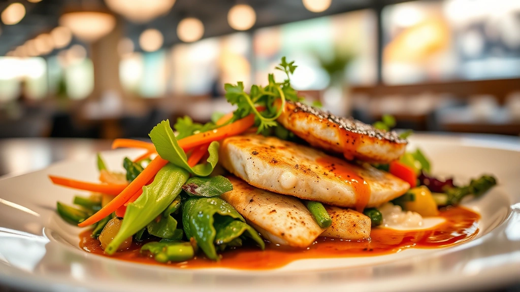 Artfully plated contemporary American dish with seasonal vegetables, protein, and sauce drizzle on white ceramic plate, professional restaurant lighting, shallow depth of field